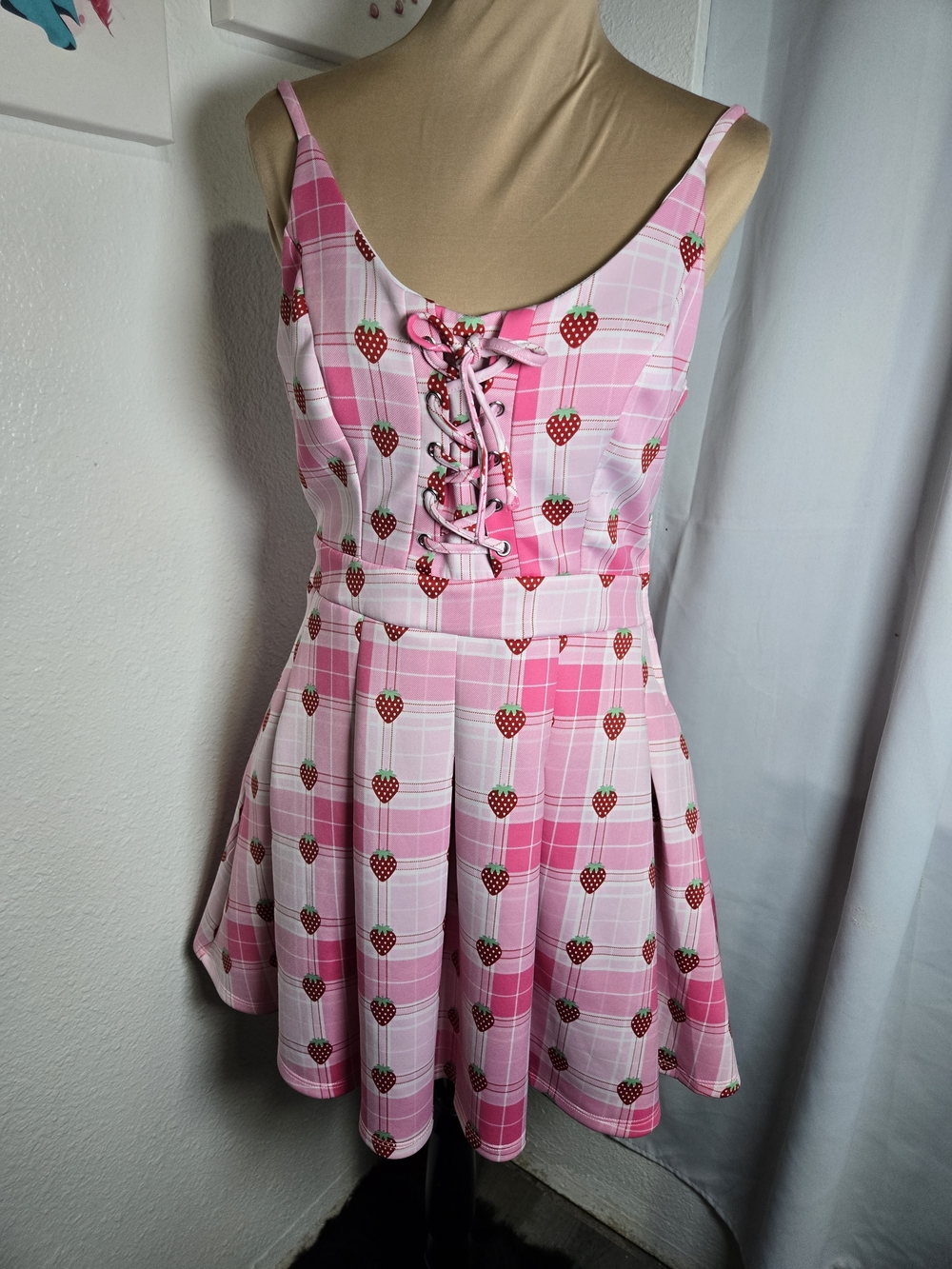Hot Topic Pink Plaid Strawberry Lace-Up Mini Dress
